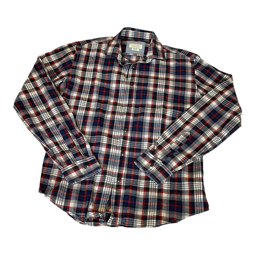 Zara Man Red Blue White Plaid Long Sleeve Button Down Shirt Slim Fit Medium